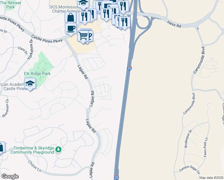 map of restaurants, bars, coffee shops, grocery stores, and more near U.S. 87 in Castle Pines