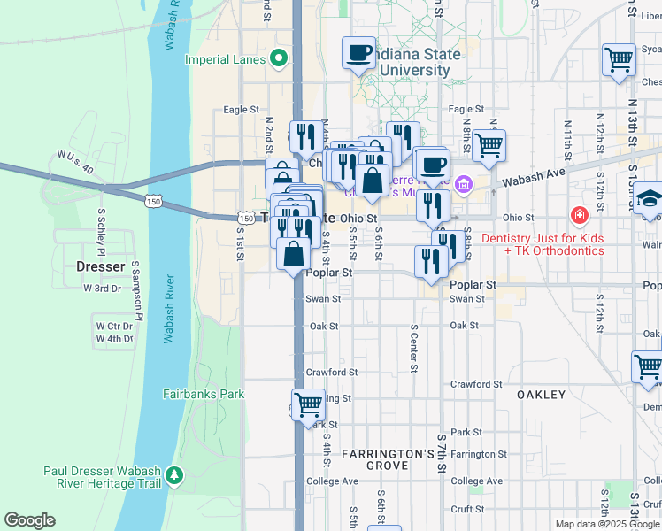 map of restaurants, bars, coffee shops, grocery stores, and more near 400 Poplar Street in Terre Haute