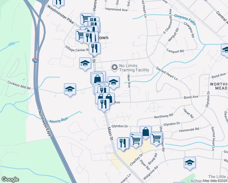 map of restaurants, bars, coffee shops, grocery stores, and more near 222 New Avenue in Reisterstown