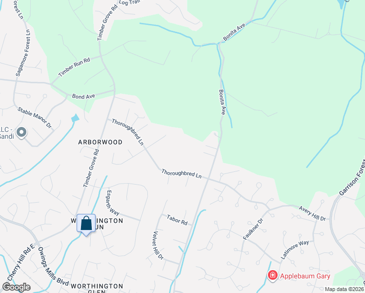 map of restaurants, bars, coffee shops, grocery stores, and more near 3810 Thoroughbred Lane in Owings Mills