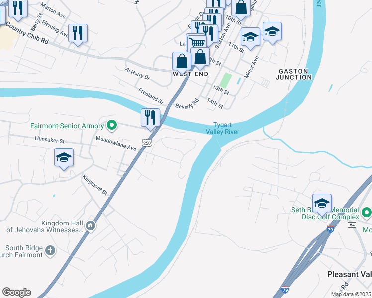 map of restaurants, bars, coffee shops, grocery stores, and more near 106 Boxwood Ave in Fairmont