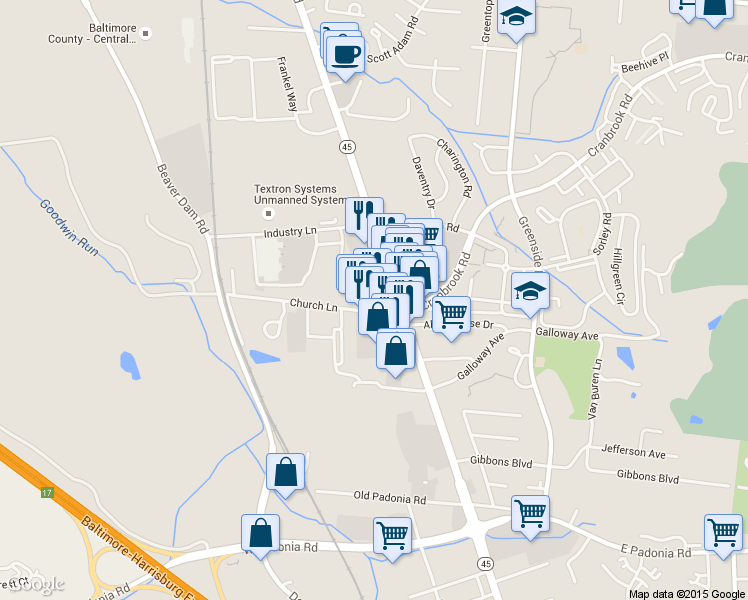 map of restaurants, bars, coffee shops, grocery stores, and more near 20 Church Lane in Cockeysville