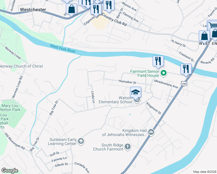 map of restaurants, bars, coffee shops, grocery stores, and more near 136 Avery Street in Fairmont