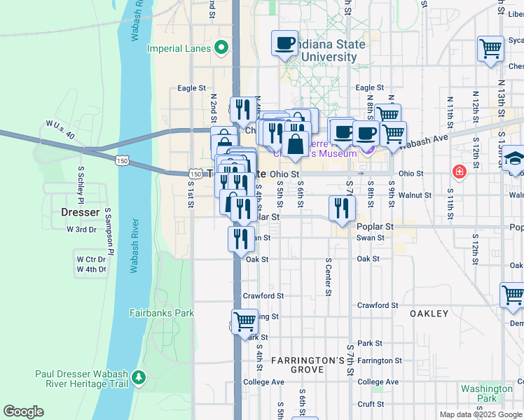 map of restaurants, bars, coffee shops, grocery stores, and more near 400 Poplar Street in Terre Haute