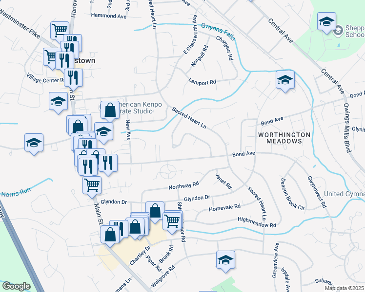 map of restaurants, bars, coffee shops, grocery stores, and more near 200 Bentley Hill Drive in Reisterstown
