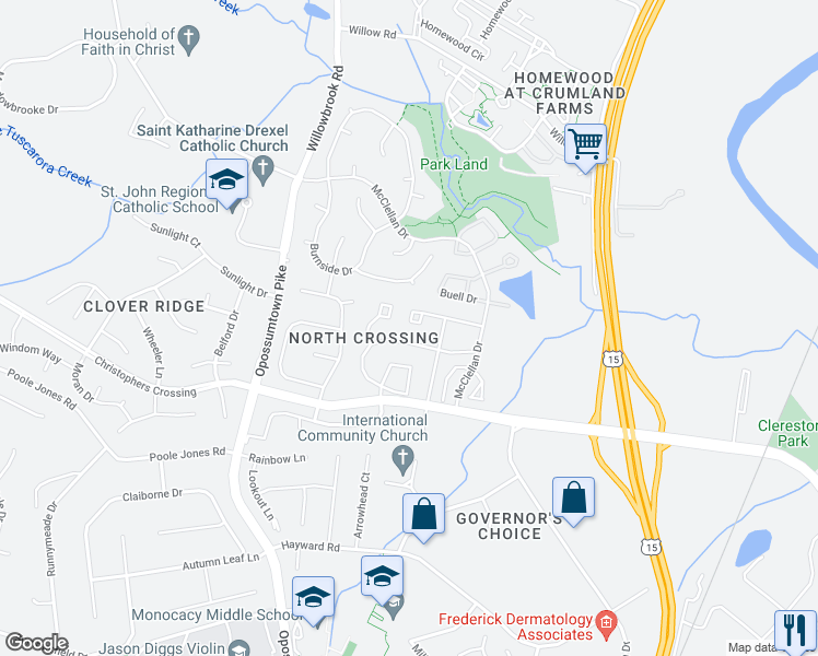 map of restaurants, bars, coffee shops, grocery stores, and more near 154 Fieldstone Court in Frederick