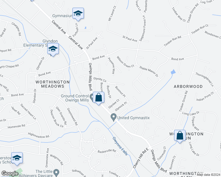 map of restaurants, bars, coffee shops, grocery stores, and more near 12347 Bonfire Drive in Reisterstown