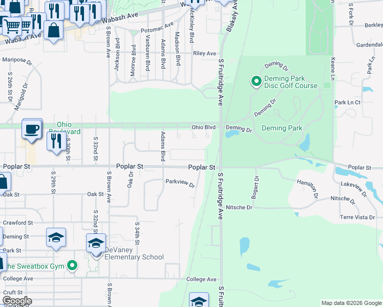 map of restaurants, bars, coffee shops, grocery stores, and more near 601 South Fruitridge Avenue in Terre Haute