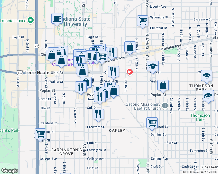 map of restaurants, bars, coffee shops, grocery stores, and more near 210 South 9th 1/2 Street in Terre Haute