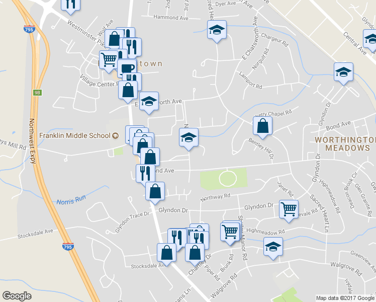 map of restaurants, bars, coffee shops, grocery stores, and more near 216 New Avenue in Reisterstown
