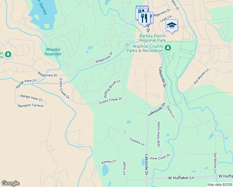 map of restaurants, bars, coffee shops, grocery stores, and more near 6666 Evans Creek Drive in Reno