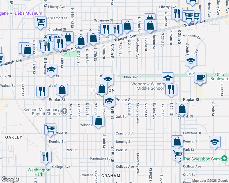 map of restaurants, bars, coffee shops, grocery stores, and more near 301-399 South 19th Street in Terre Haute