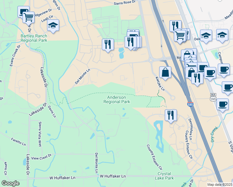 map of restaurants, bars, coffee shops, grocery stores, and more near Anderson Trail in Reno