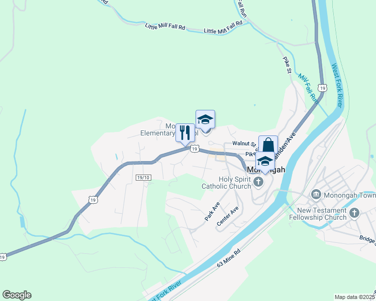 map of restaurants, bars, coffee shops, grocery stores, and more near 3383 Thoburn Drive in Fairmont