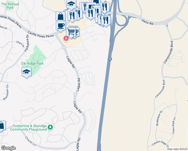 map of restaurants, bars, coffee shops, grocery stores, and more near U.S. 87 in Castle Pines