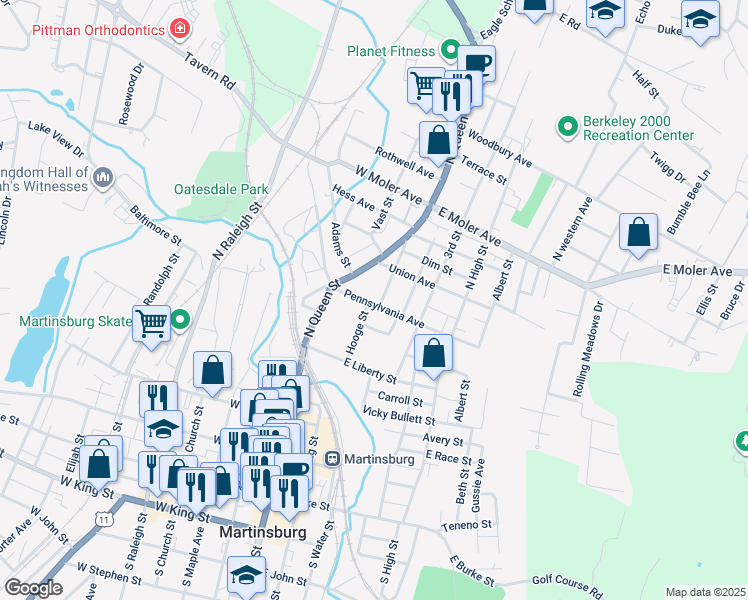 map of restaurants, bars, coffee shops, grocery stores, and more near 203 Pennsylvania Avenue in Martinsburg