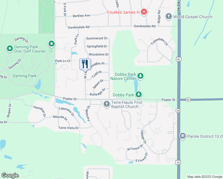 map of restaurants, bars, coffee shops, grocery stores, and more near 146 East Lawrin Boulevard in Terre Haute