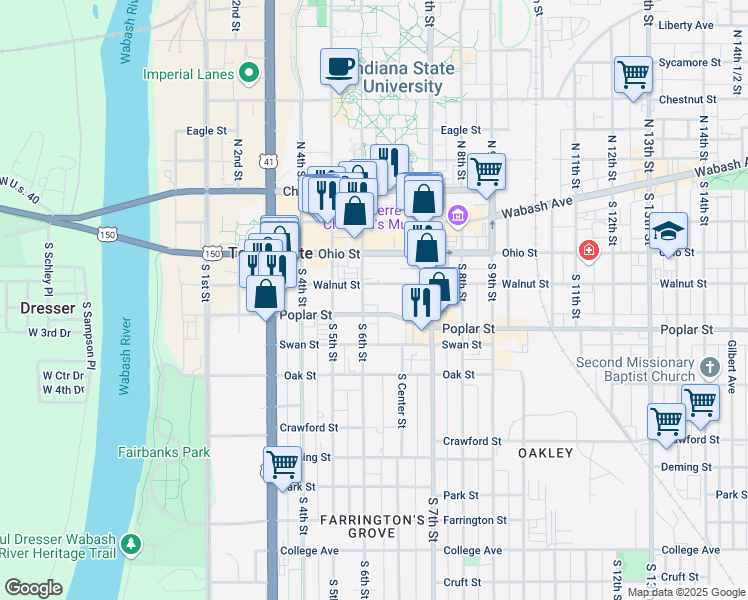 map of restaurants, bars, coffee shops, grocery stores, and more near 600-626 Poplar St in Terre Haute