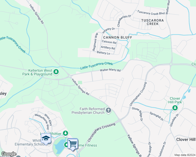 map of restaurants, bars, coffee shops, grocery stores, and more near 6442 Sunset Drive in Frederick