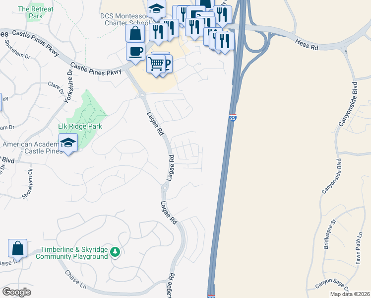 map of restaurants, bars, coffee shops, grocery stores, and more near Lagae Road in Castle Pines