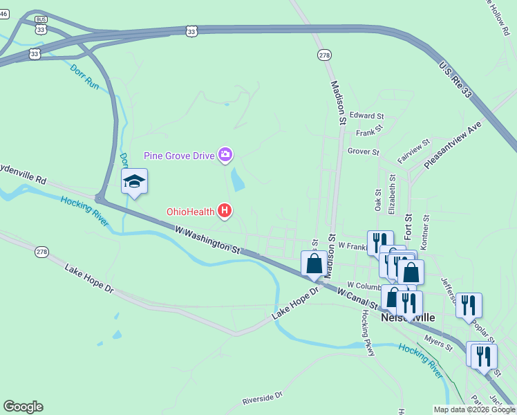 map of restaurants, bars, coffee shops, grocery stores, and more near 560 West Franklin Street in Nelsonville