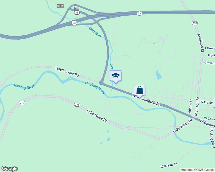 map of restaurants, bars, coffee shops, grocery stores, and more near 701 West Washington Street in Nelsonville