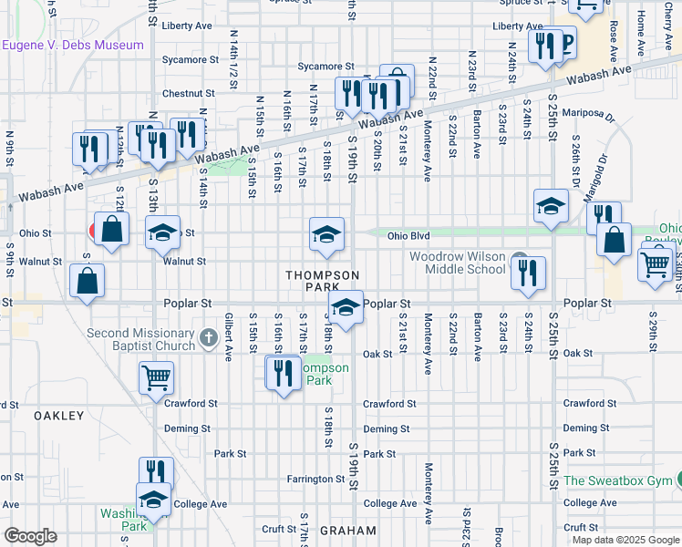map of restaurants, bars, coffee shops, grocery stores, and more near 310 South 18th Street in Terre Haute