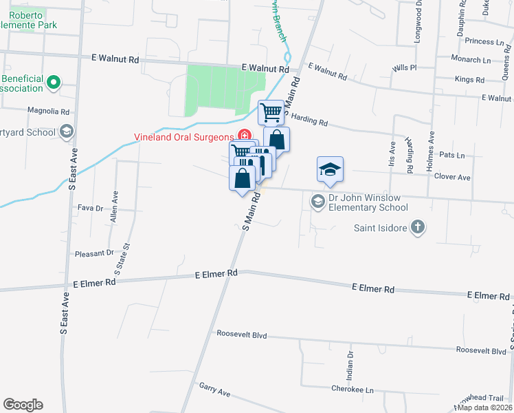 map of restaurants, bars, coffee shops, grocery stores, and more near 1152 Pixwhey Court in Vineland