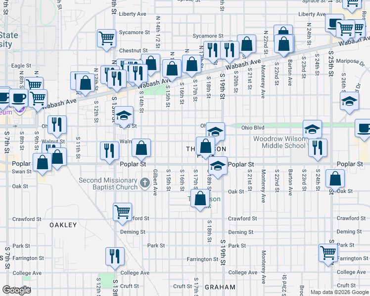 map of restaurants, bars, coffee shops, grocery stores, and more near 334 South 16th Street in Terre Haute