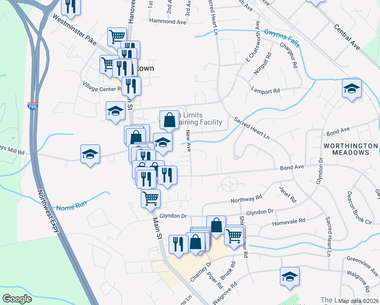 map of restaurants, bars, coffee shops, grocery stores, and more near 222 New Avenue in Reisterstown