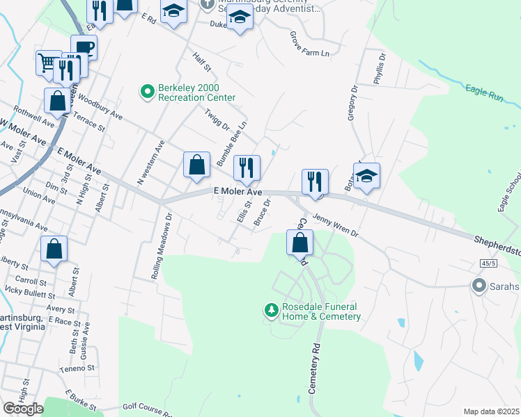 map of restaurants, bars, coffee shops, grocery stores, and more near 60A Bruce Drive in Martinsburg
