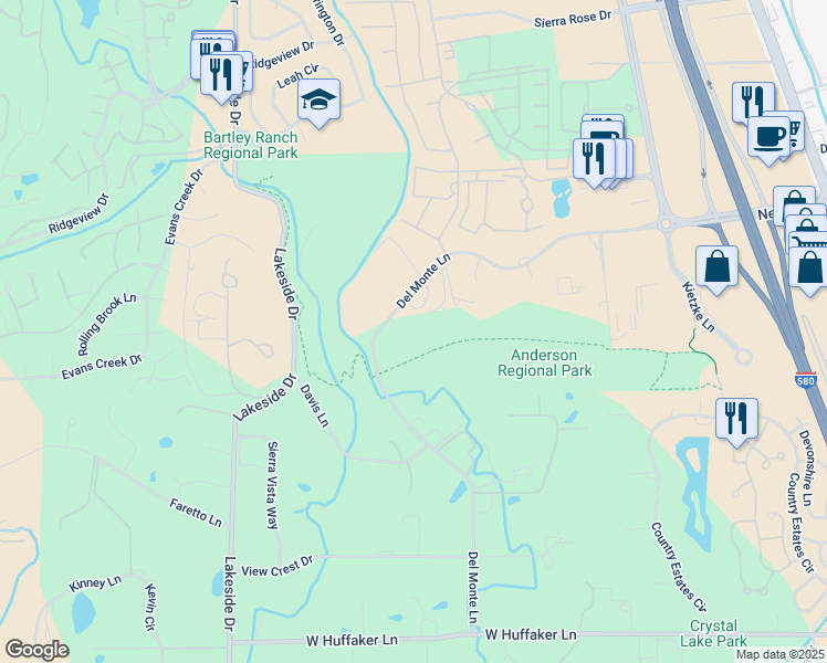 map of restaurants, bars, coffee shops, grocery stores, and more near Anderson Trail in Reno