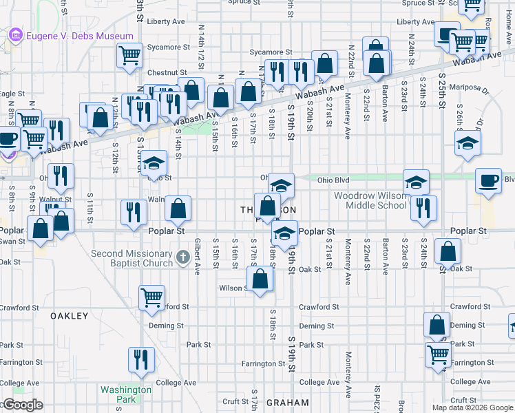 map of restaurants, bars, coffee shops, grocery stores, and more near 335 South 18th Street in Terre Haute