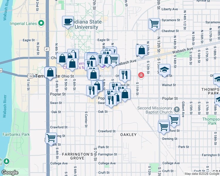 map of restaurants, bars, coffee shops, grocery stores, and more near 209 South 9th Street in Terre Haute