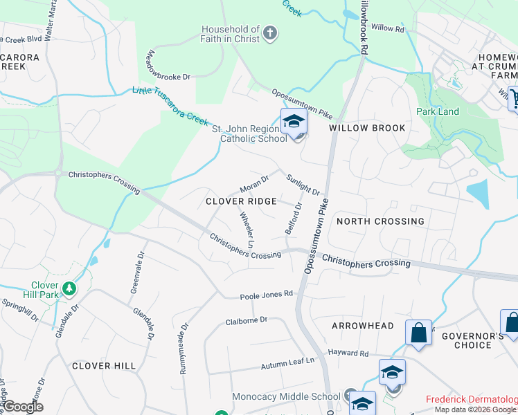 map of restaurants, bars, coffee shops, grocery stores, and more near 119 Missouri Court in Frederick