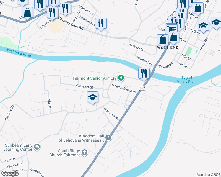 map of restaurants, bars, coffee shops, grocery stores, and more near 1546 West Fork Road in Fairmont