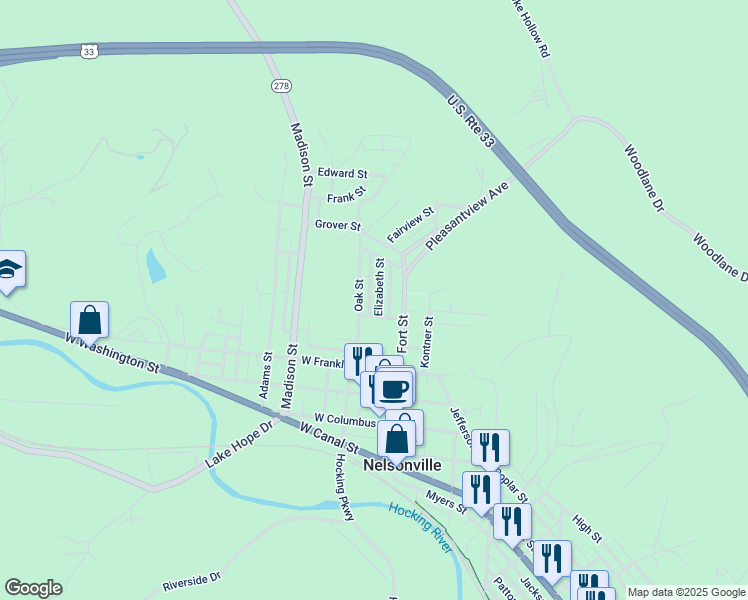 map of restaurants, bars, coffee shops, grocery stores, and more near 65 Clinton Street in Nelsonville