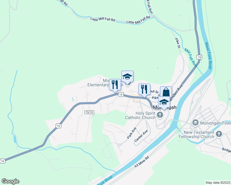 map of restaurants, bars, coffee shops, grocery stores, and more near 3383 Thoburn Drive in Fairmont