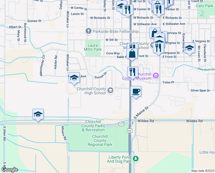 map of restaurants, bars, coffee shops, grocery stores, and more near 1089 Andrew Lane in Fallon