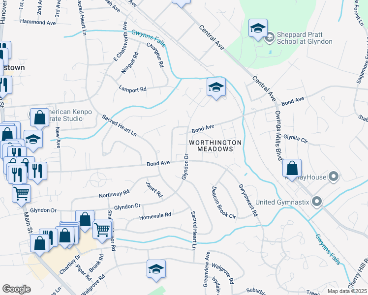 map of restaurants, bars, coffee shops, grocery stores, and more near 15 Gloucester Court in Reisterstown