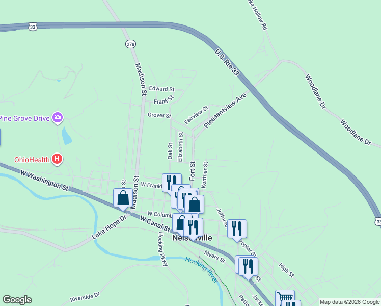 map of restaurants, bars, coffee shops, grocery stores, and more near 252 Fort Street in Nelsonville