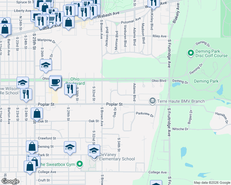 map of restaurants, bars, coffee shops, grocery stores, and more near 3476-3540 Poplar St in Terre Haute