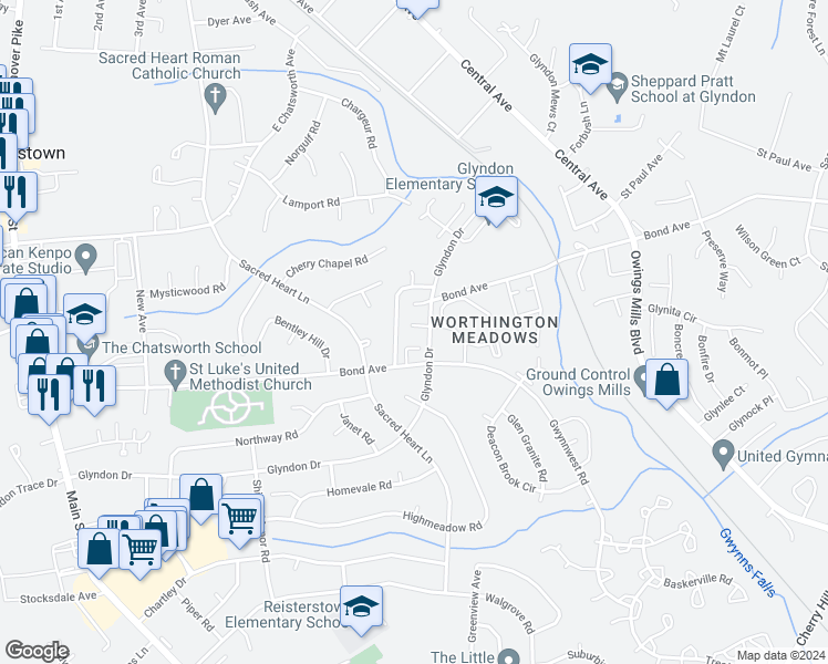 map of restaurants, bars, coffee shops, grocery stores, and more near 5 Gloucester Court in Reisterstown