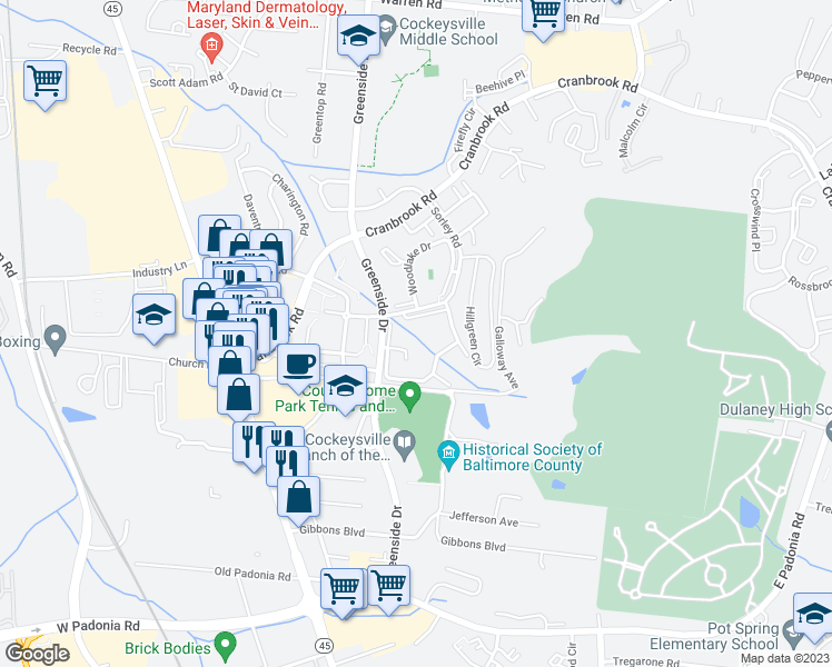 map of restaurants, bars, coffee shops, grocery stores, and more near 277 Foxfire Place in Cockeysville