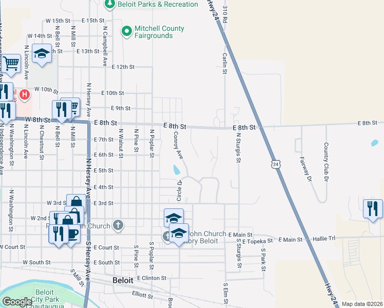 map of restaurants, bars, coffee shops, grocery stores, and more near Supple Avenue in Beloit