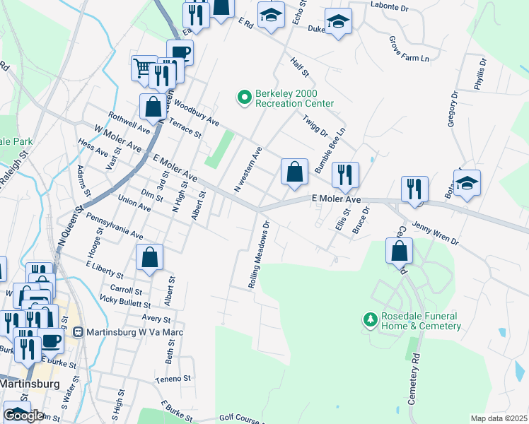 map of restaurants, bars, coffee shops, grocery stores, and more near 700 East Moler Avenue in Martinsburg