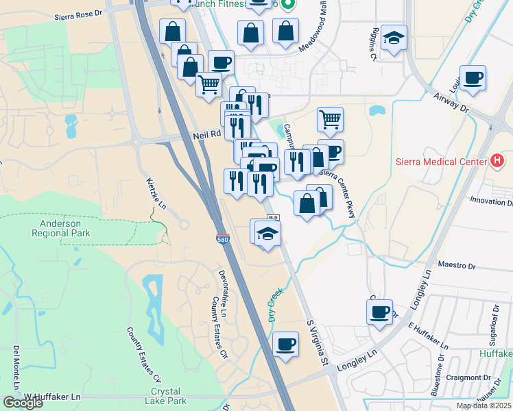 map of restaurants, bars, coffee shops, grocery stores, and more near 6745 Carson-Reno Highway in Reno