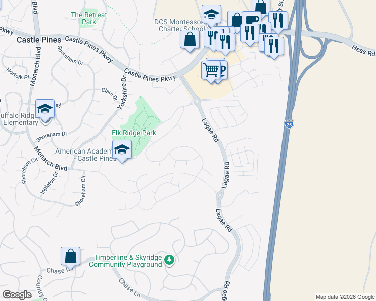 map of restaurants, bars, coffee shops, grocery stores, and more near 6970 Hyland Hills Street in Castle Rock