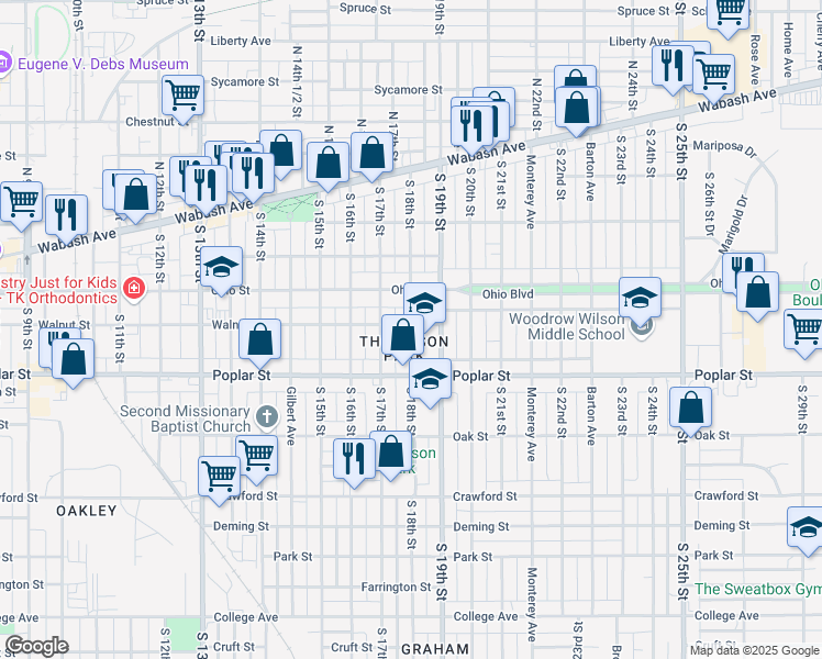 map of restaurants, bars, coffee shops, grocery stores, and more near 310 South 18th Street in Terre Haute