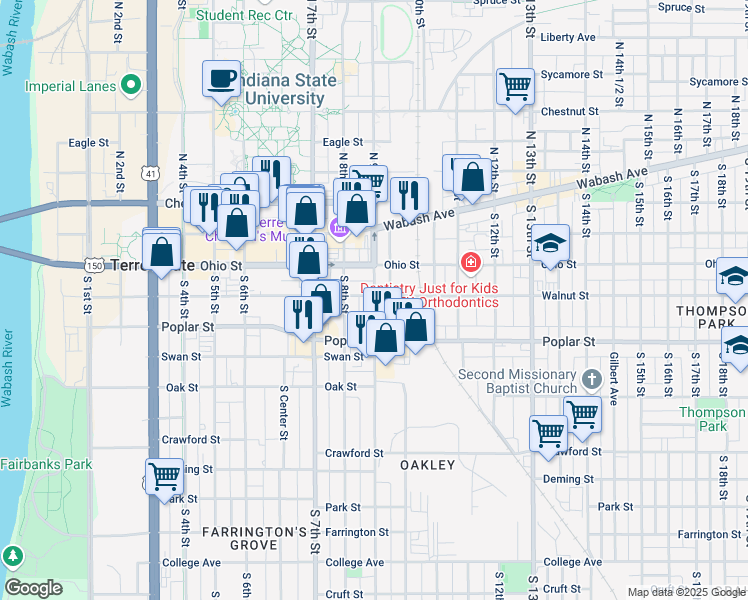 map of restaurants, bars, coffee shops, grocery stores, and more near 209 South 9th Street in Terre Haute